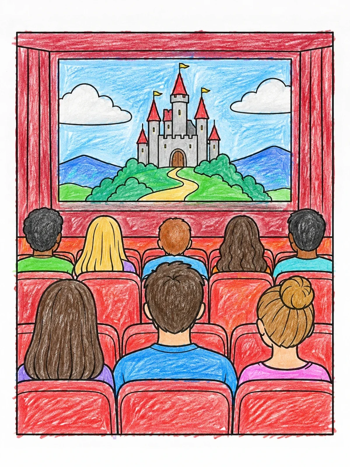 Colored example of the Audience Watching Movie In Cinema coloring page