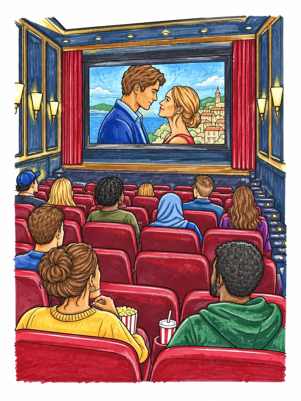 Colored example of the Audience Watching A Romantic Movie coloring page