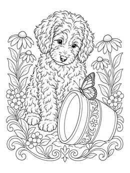 Free printable Aussiedoodle Puppy And Garden Butterfly coloring page