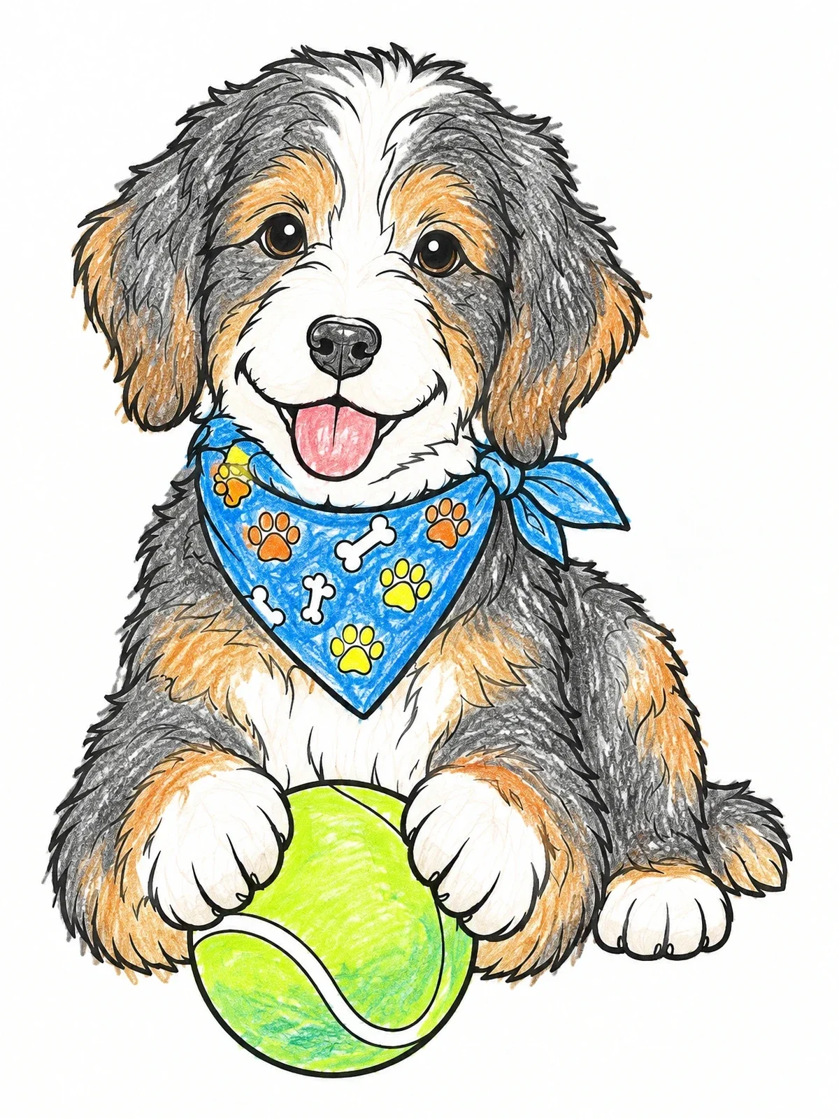 Colored example of the Aussiedoodle Puppy With Tennis Ball coloring page