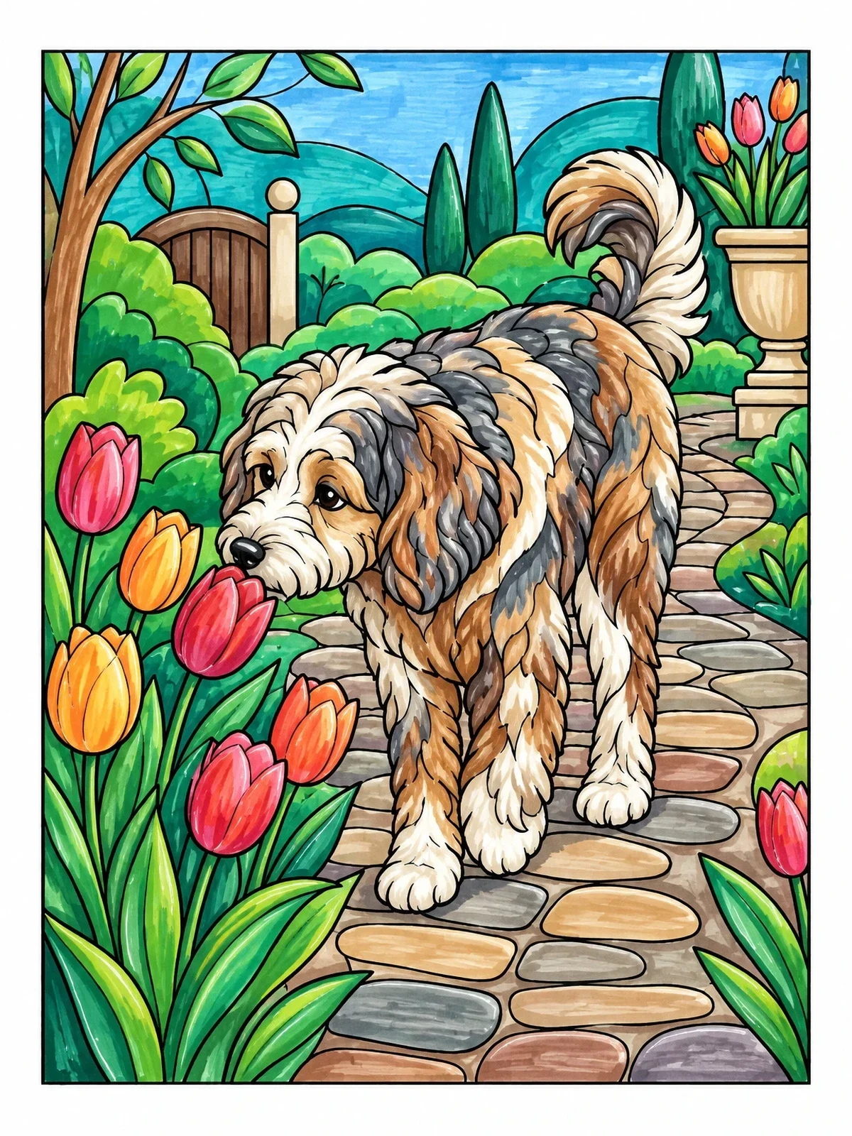 Colored example of the Aussiedoodle Sniffing Garden Tulips coloring page