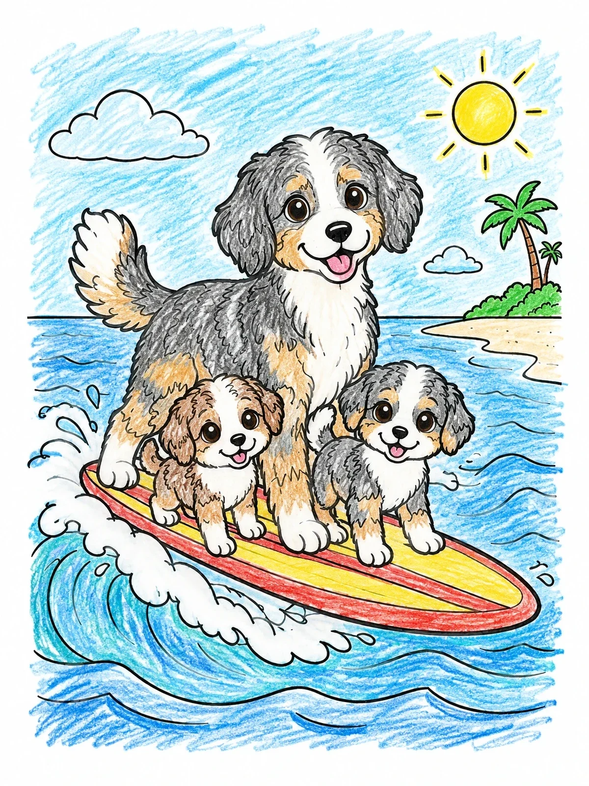 Colored example of the Aussiedoodle Surfing With Puppies coloring page
