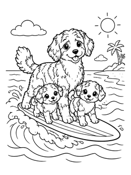 Free printable Aussiedoodle Surfing With Puppies coloring page