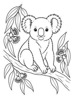 Free printable Cute Koala On Eucalyptus Branch coloring page