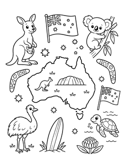 Free printable Australian Map And Cute Wildlife coloring page