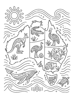 An Australia coloring page featuring native animals inside state borders surrounded by ocean waves.