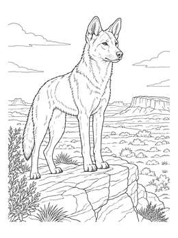 An alert wild dingo standing on a cliff in this detailed australian animals coloring page.