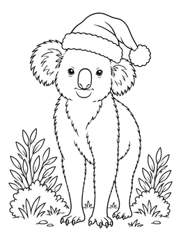 A festive koala in a santa hat stars in this australian animals coloring page.