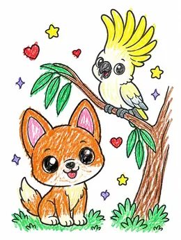 Color Draw Animals Cute Dingo Pup And Cockatoo Friend – Australian Animals Coloring Page