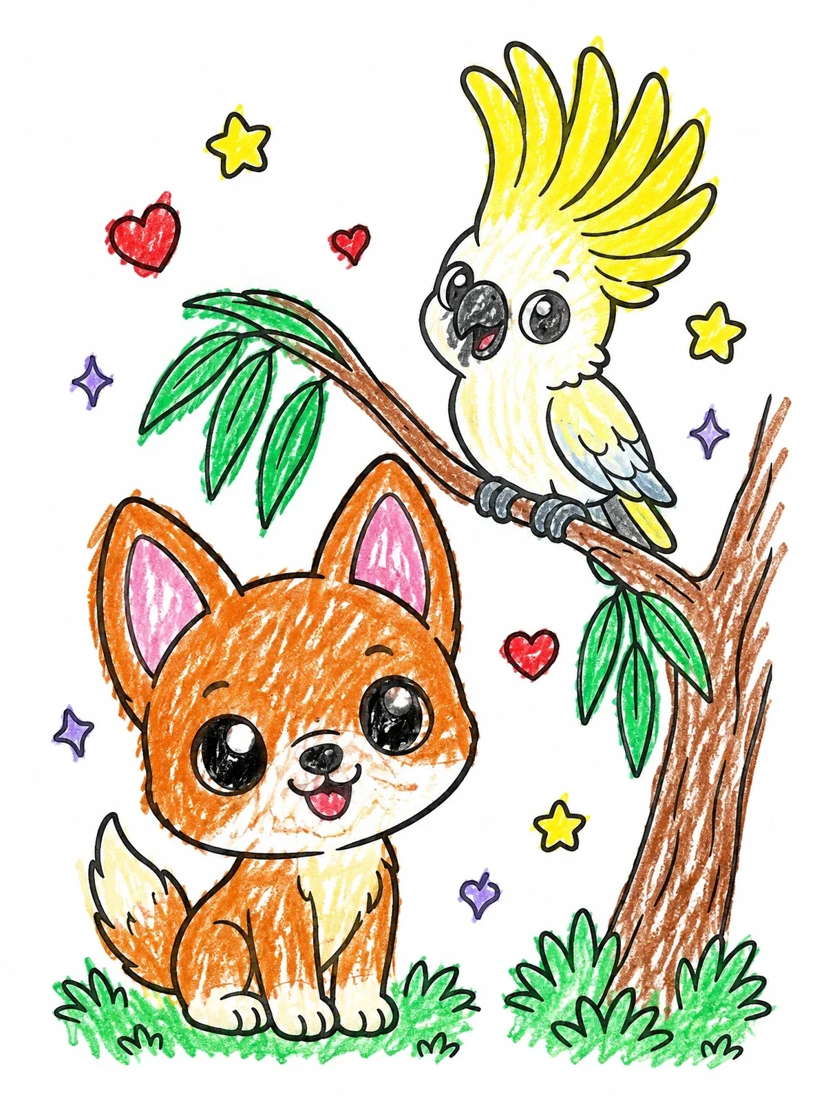 Colored example of the Cute Dingo Pup And Cockatoo Friend coloring page
