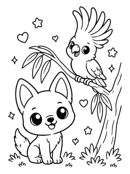 A cheerful dingo pup and a cockatoo on an australian animals coloring page.