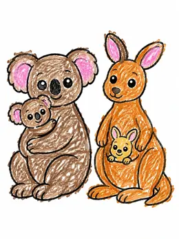 Color Draw Animals Cute Koala And Kangaroo Families – Australian Animals Coloring Page