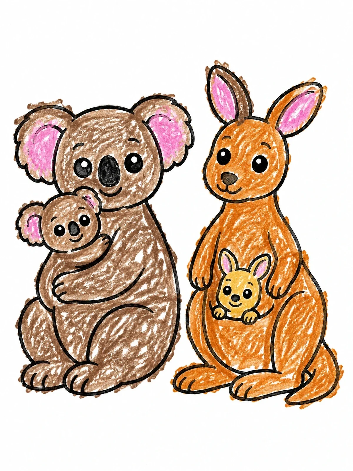 Colored example of the Cute Koala And Kangaroo Families coloring page