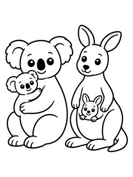 A friendly koala and kangaroo with their babies on an australian animals coloring page.