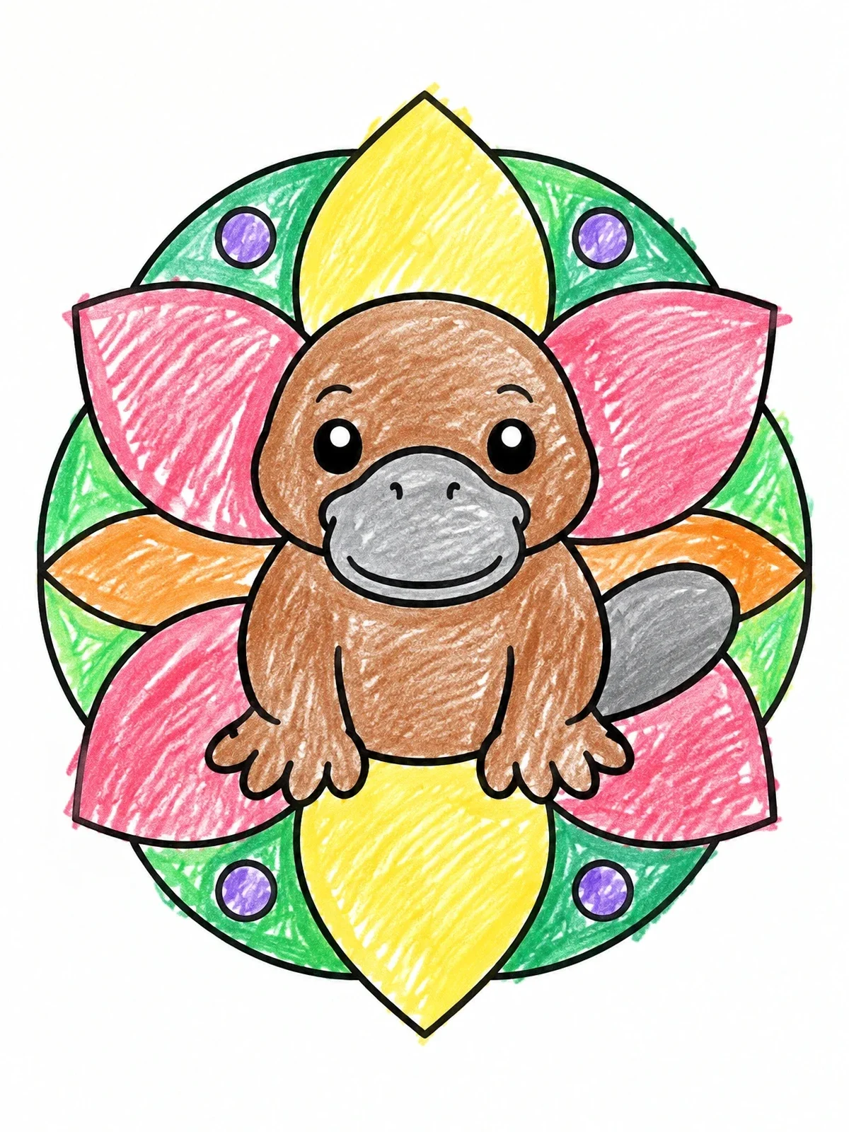 Colored example of the Cute Platypus Flower Mandala coloring page