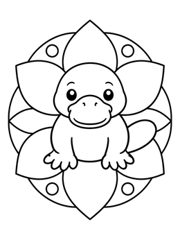 A cute cartoon platypus sits centered on a floral mandala in this australian animals coloring page.