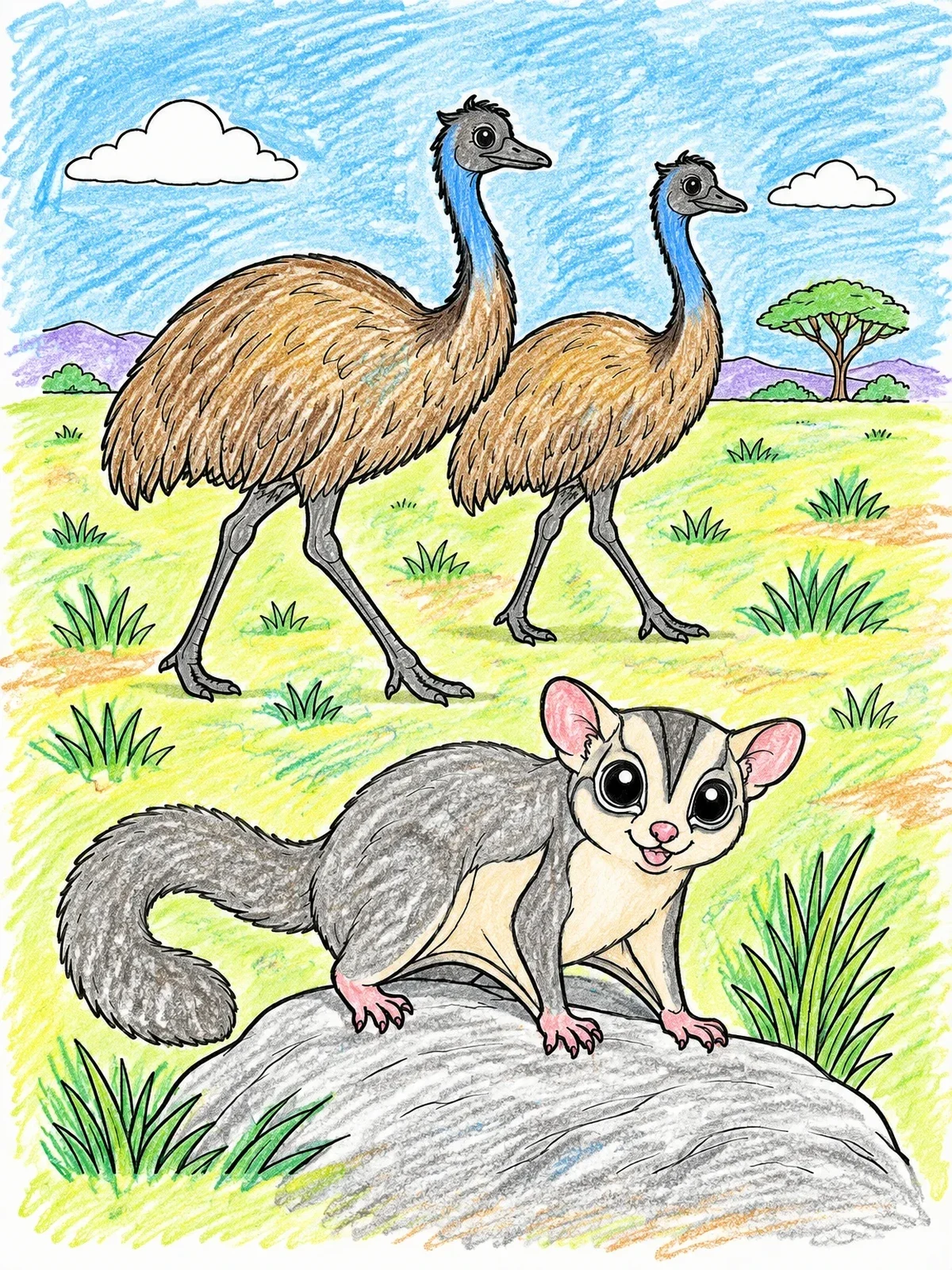 Colored example of the Cute Sugar Glider And Tall Emus coloring page
