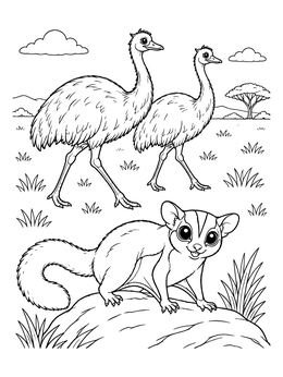 A cute sugar glider stands near walking emus in this australian animals coloring page.