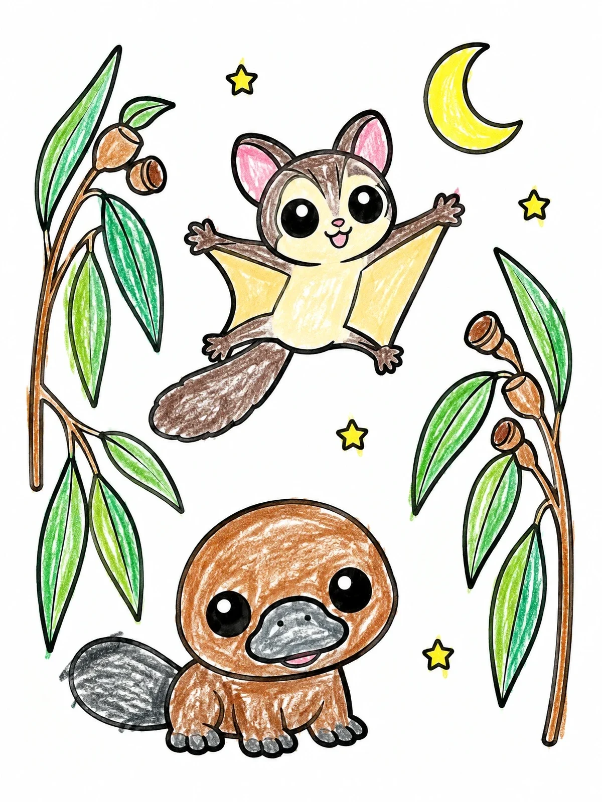 Colored example of the Cute Sugar Glider And Little Platypus coloring page