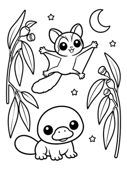 A cute platypus and gliding sugar glider on this fun australian animals coloring page.