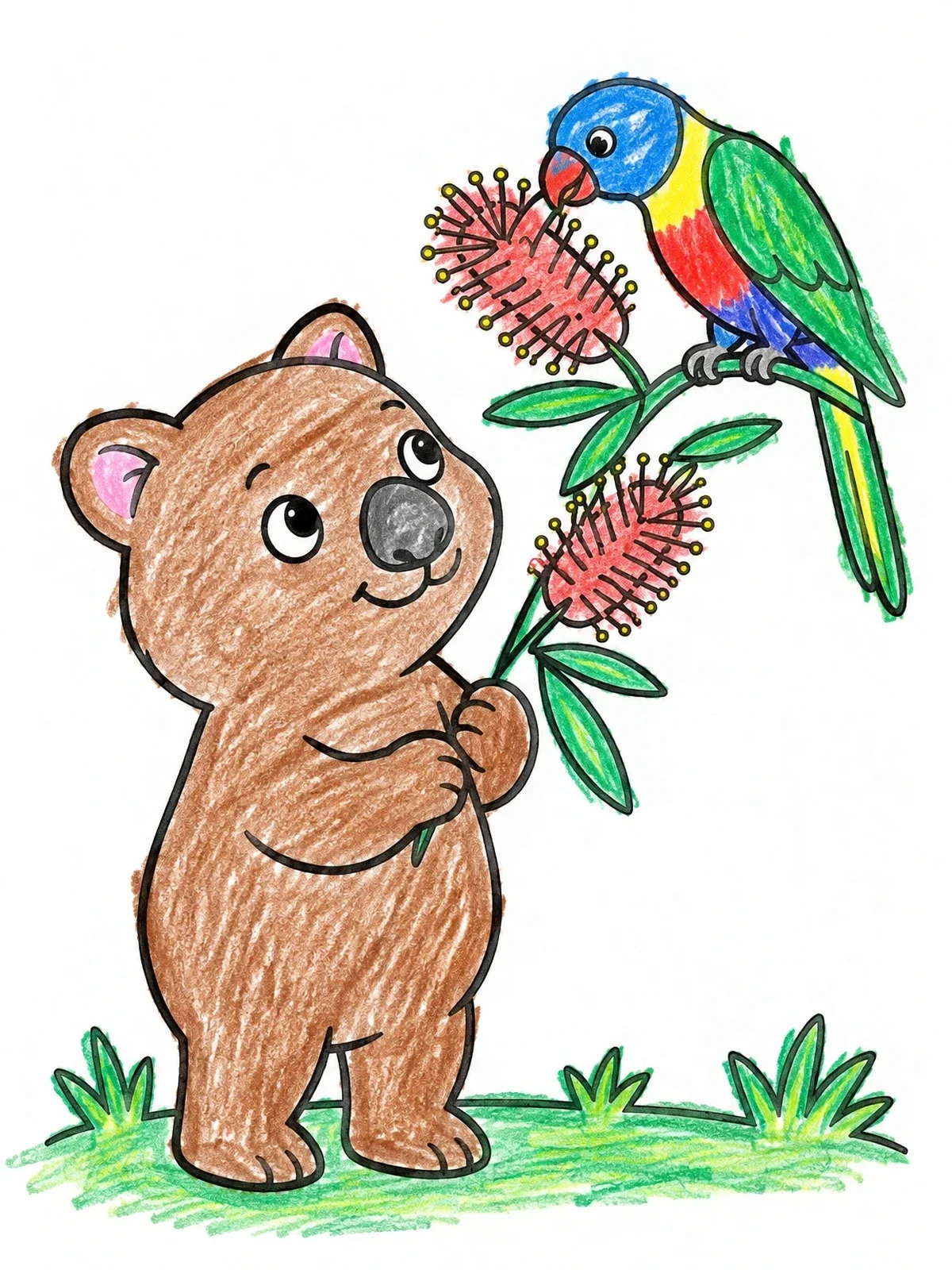 Colored example of the Cute Wombat With Lorikeet And Flowers coloring page