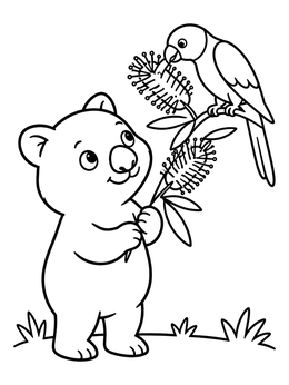 A friendly wombat meets a perched lorikeet in this australian animals coloring page.
