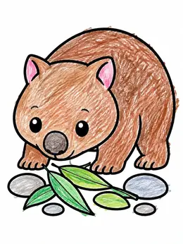 Color Draw Animals Cute Wombat With Eucalyptus Leaves – Australian Animals Coloring Page