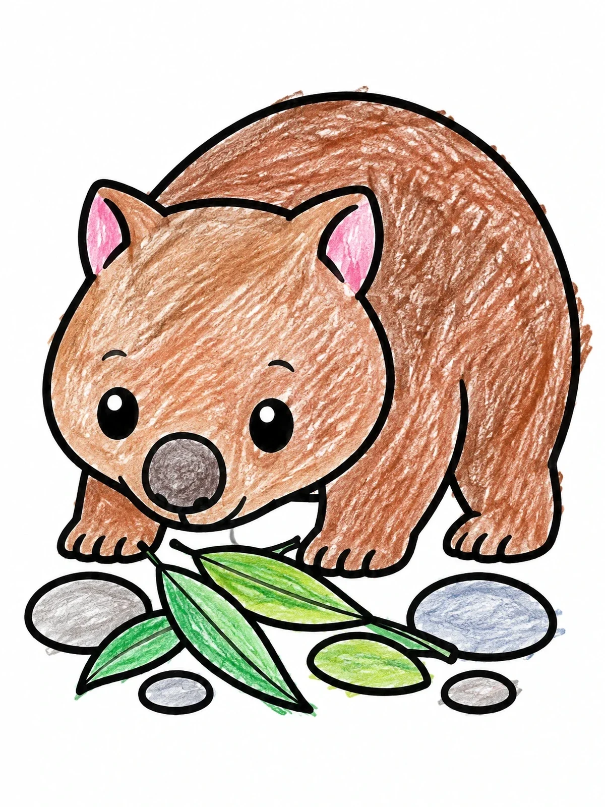 Colored example of the Cute Wombat With Eucalyptus Leaves coloring page