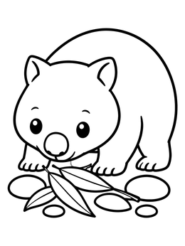 A cute wombat explores leaves on an australian animals coloring page.