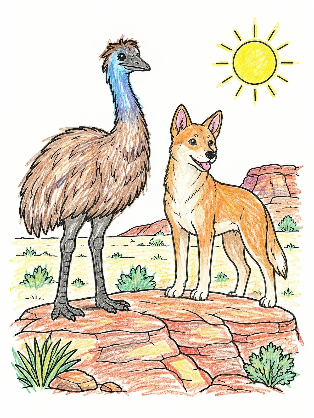 Colored example of the Emu And Dingo On Rocky Ridge coloring page