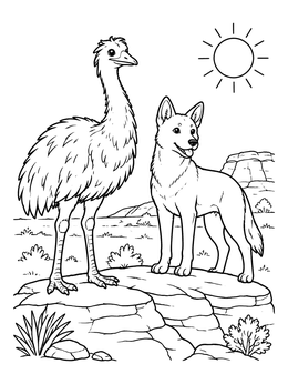 An emu and dingo outdoors in this australian animals coloring page.