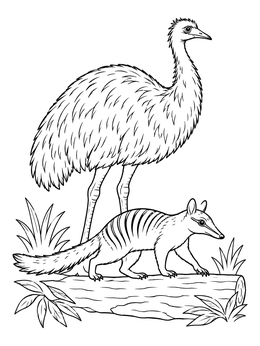 A tall emu stands behind a numbat on an australian animals coloring page.