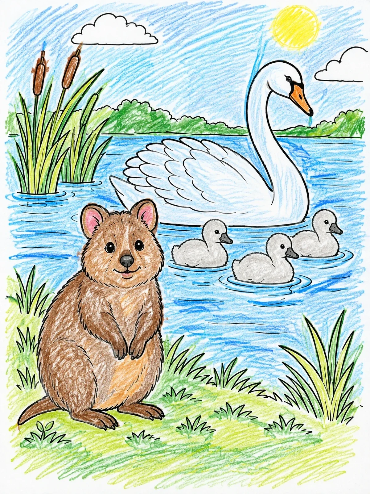 Colored example of the Friendly Quokka By The Swan Pond coloring page