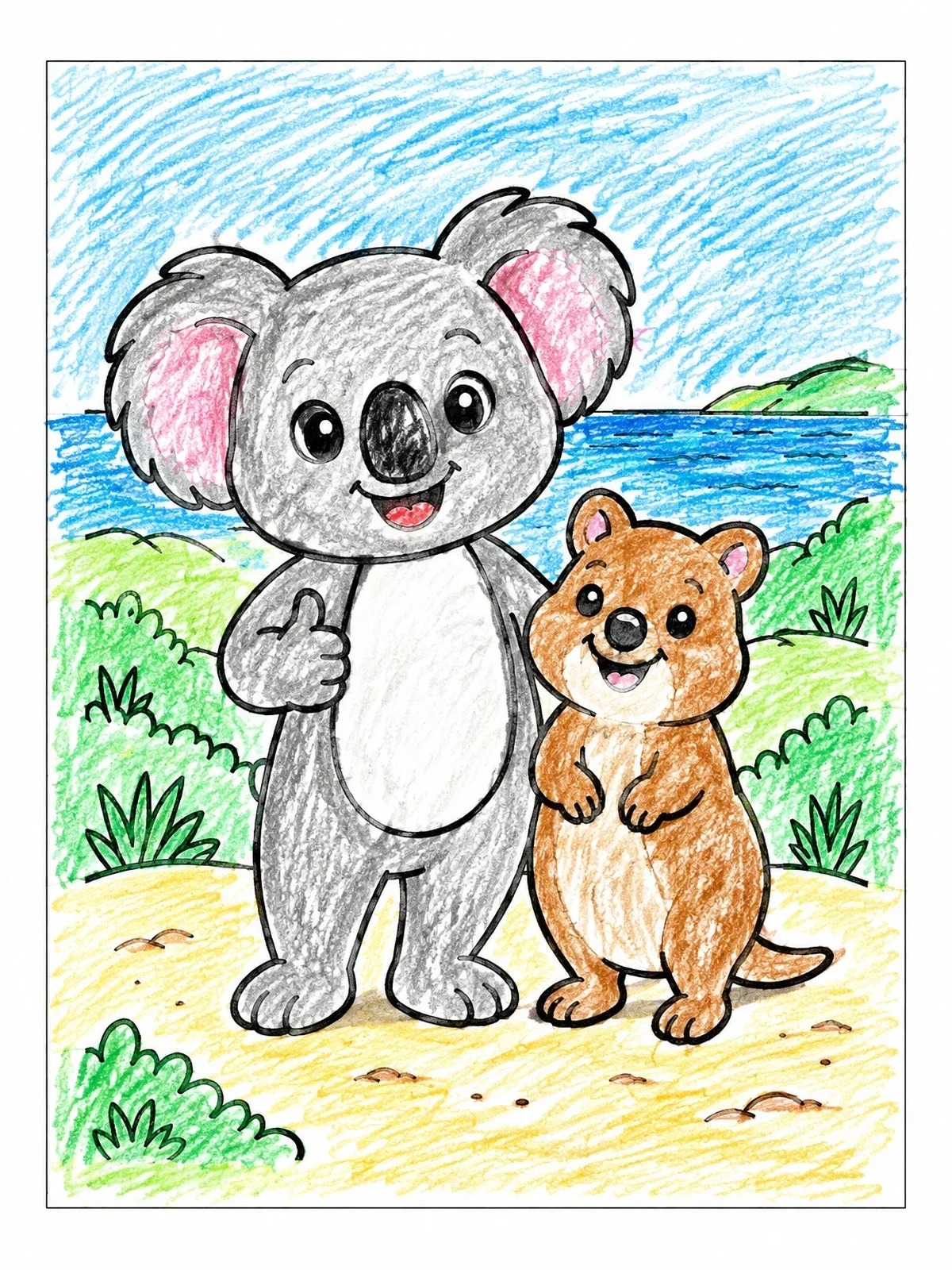 Colored example of the Happy Koala And Quokka Friends coloring page