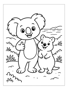 A friendly koala and quokka stand outdoors on this australian animals coloring page.