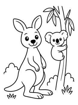 A friendly kangaroo stands beside a small koala in this australian animals coloring page.