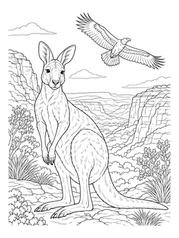 A detailed australian animals coloring page showing a kangaroo and eagle in a rocky canyon.