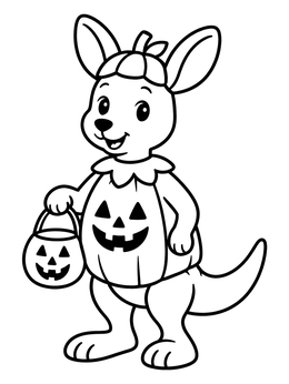 A kangaroo dressed as a pumpkin holds a treat bucket in this australian animals coloring page.