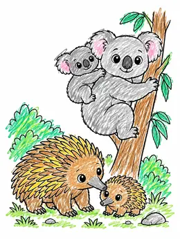 Color Draw Animals Koalas And Echidnas In Nature – Australian Animals Coloring Page