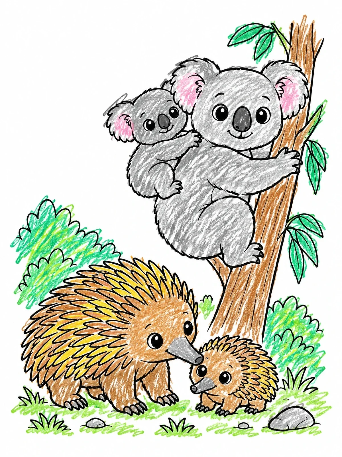 Colored example of the Koalas And Echidnas In Nature coloring page