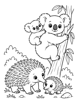 Sweet koalas and echidnas together in this australian animals coloring page.