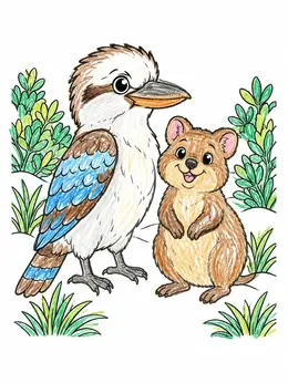 Kookaburra And Cheerful Quokka Friends – Australian Animals Coloring Page