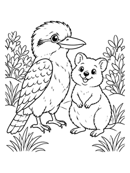 A smiling quokka and kookaburra standing together in this australian animals coloring page.