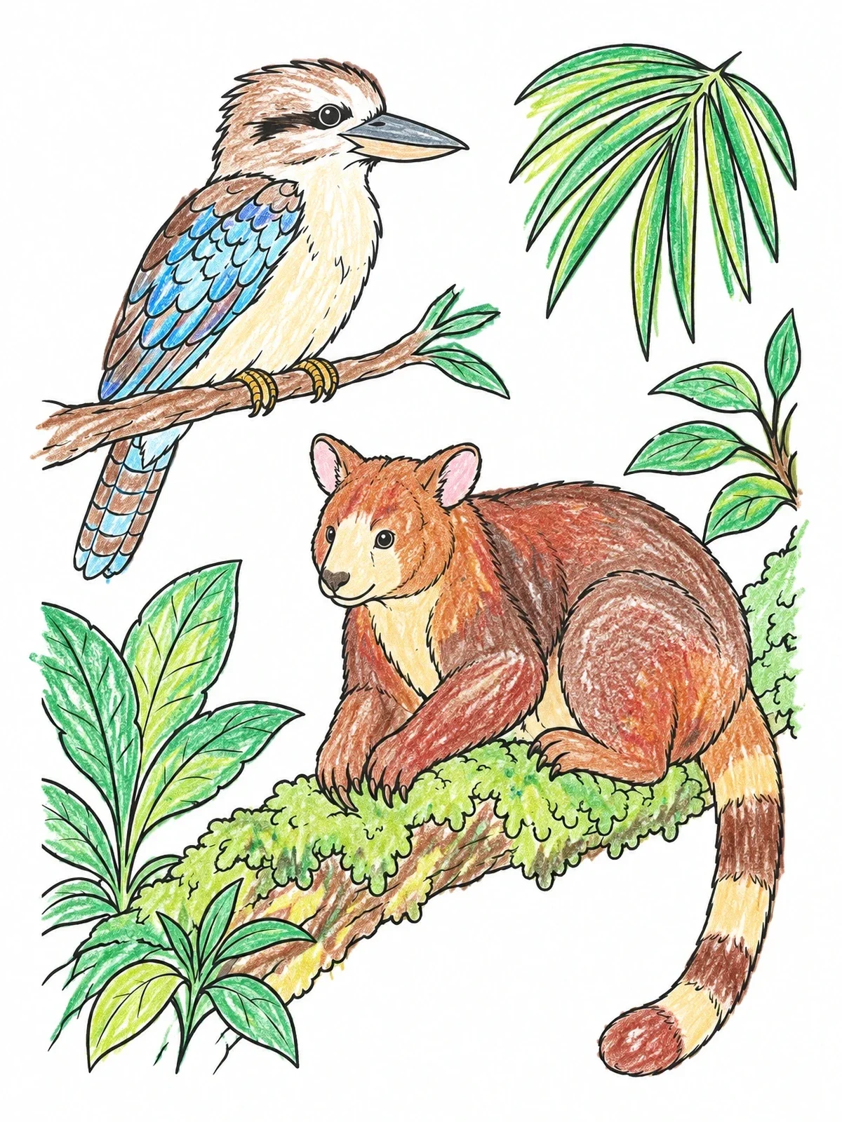 Colored example of the Kookaburra And Tree Kangaroo On Branch coloring page