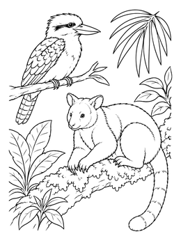 A kookaburra perched above a tree kangaroo in this australian animals coloring page.