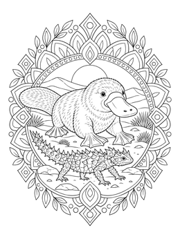 A platypus and thorny devil framed by a mandala on this australian animals coloring page.