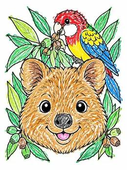 Color Draw Animals Smiling Quokka And Rosella Parrot – Australian Animals Coloring Page