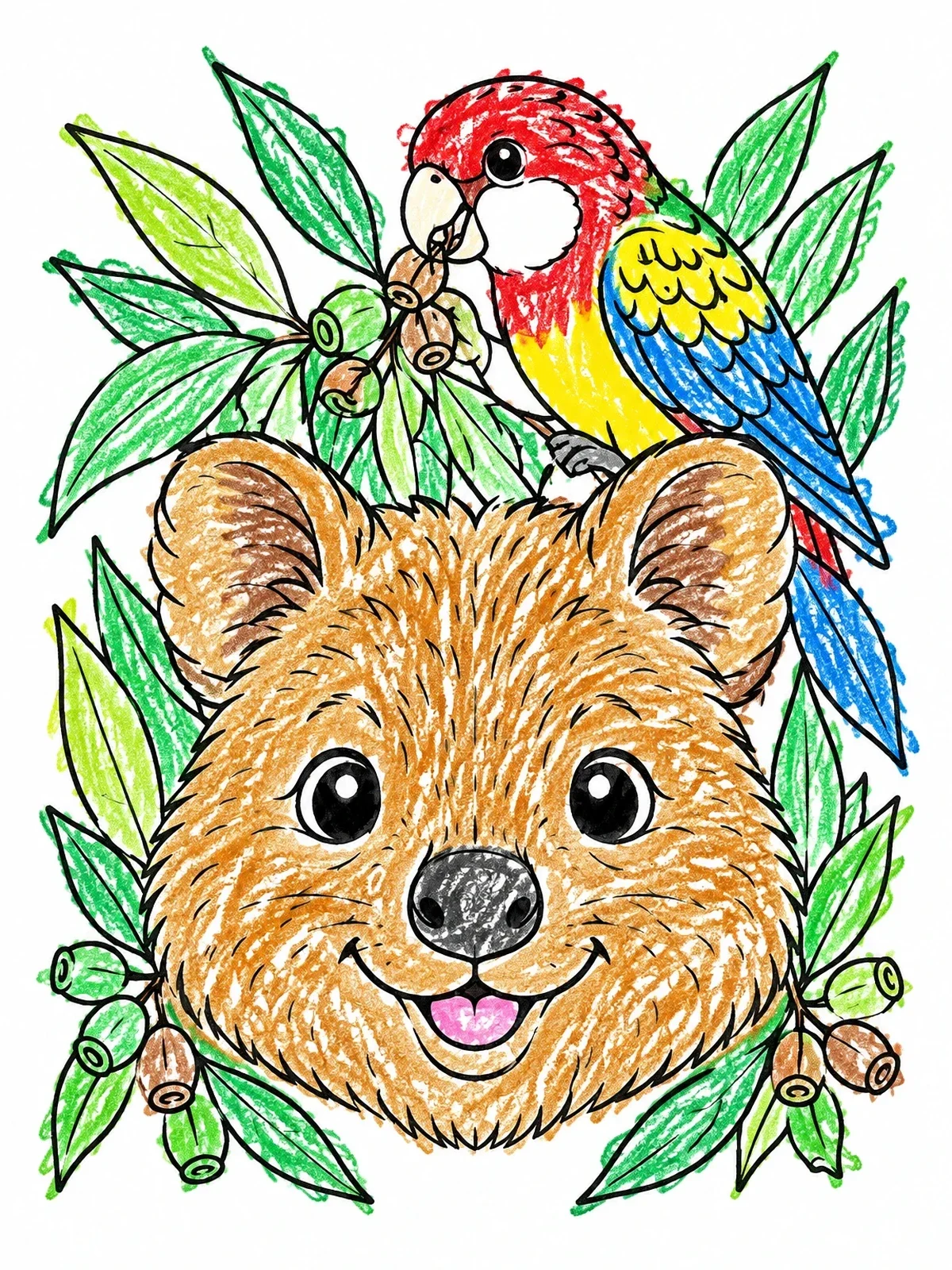 Colored example of the Smiling Quokka And Rosella Parrot coloring page