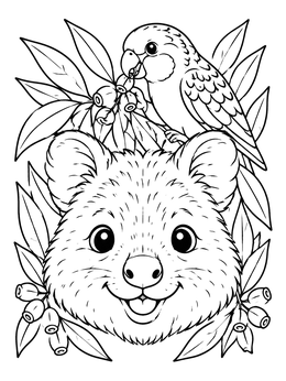 A happy quokka and small rosella parrot in an australian animals coloring page.