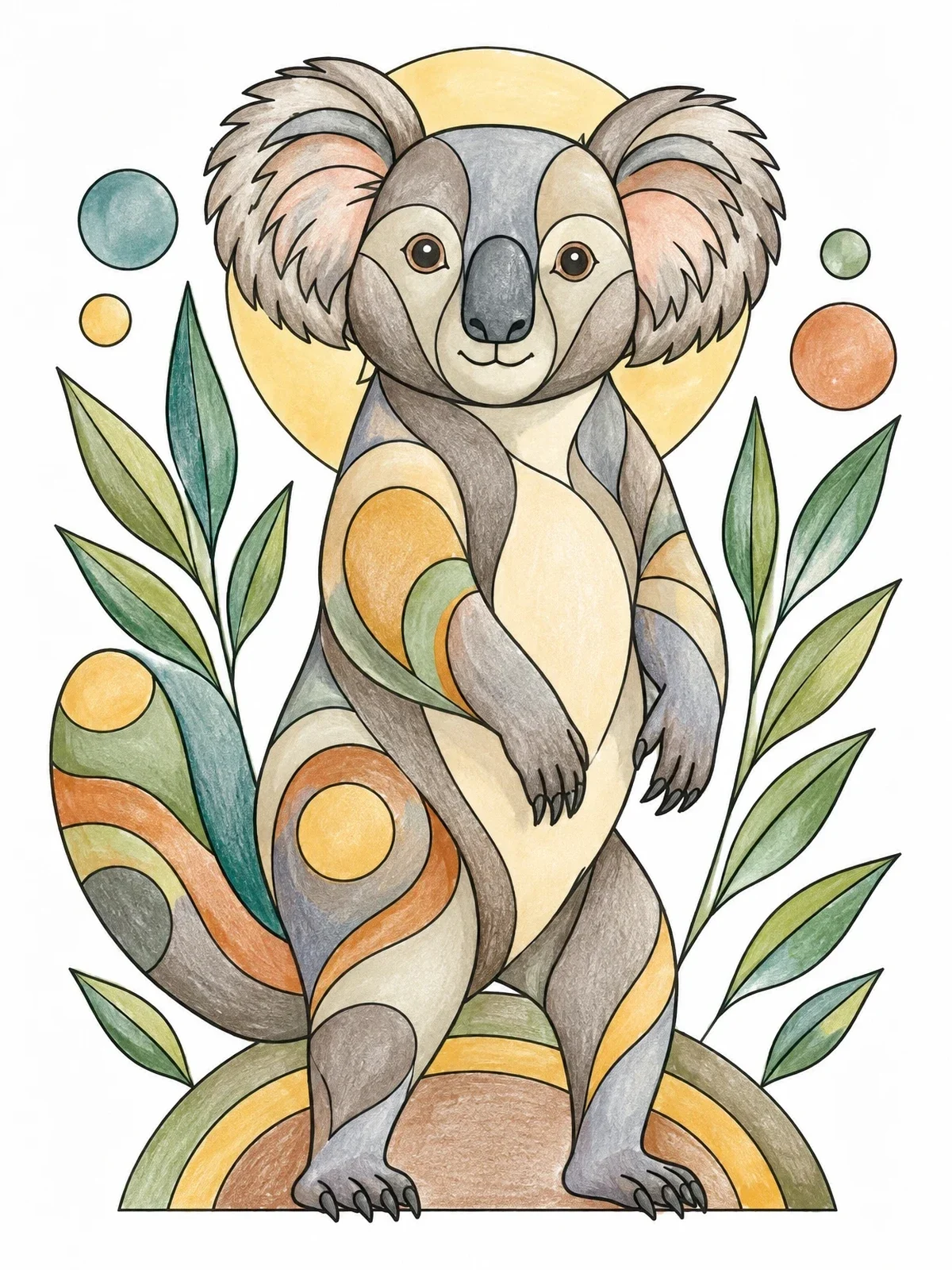 Colored example of the Standing Koala With Decorative Patterns coloring page